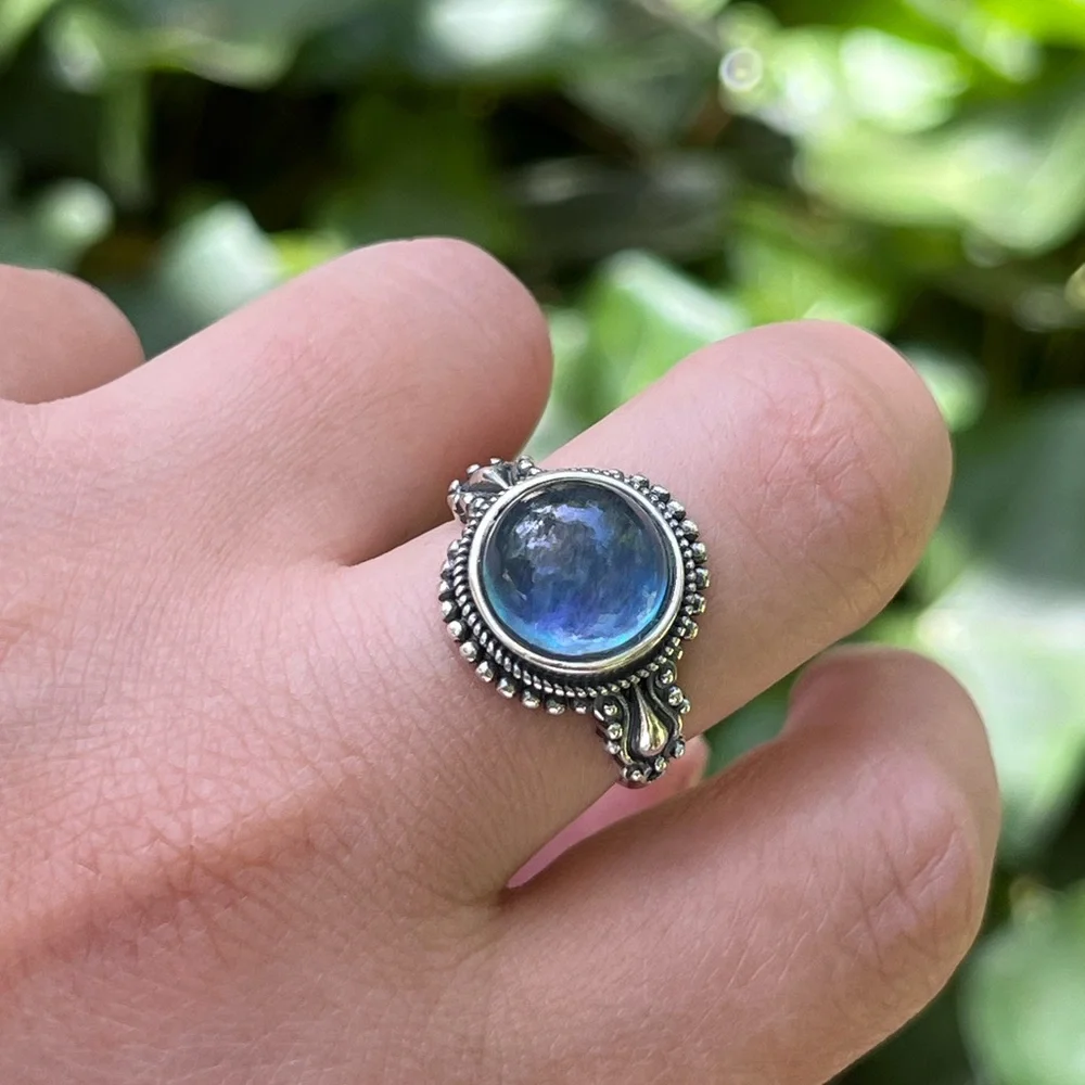 Sterling silver 925‎ stamped adjustable round aquamarine ring 0130